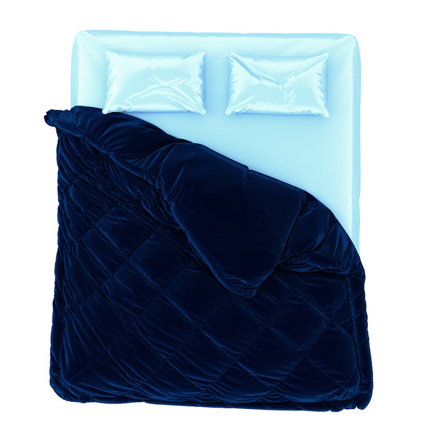 A mattress with two pillows and a blue blanket with folds on a white background. 3d rendering. - Photo, Image