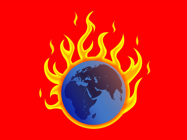 Planet Earth is on fire, flames. Stylized illustration of environmental protection. Vector for card, poster, web site, banner, print, flyer. Public protest. The fight against environmental pollution - Вектор,изображение