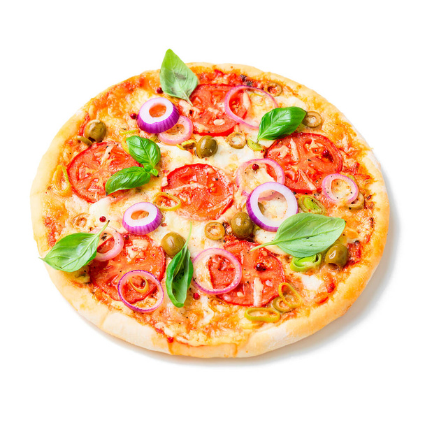 Italian pizza with melted mozzarella cheese green olives and tomato garnished with fresh vegetables and basil leaves.isolated on white background - Photo, Image