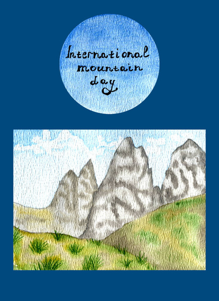 Акварельні ландшафти гірських поштових листівок з акварельними горами. Міжнародний день гір. - Фото, зображення