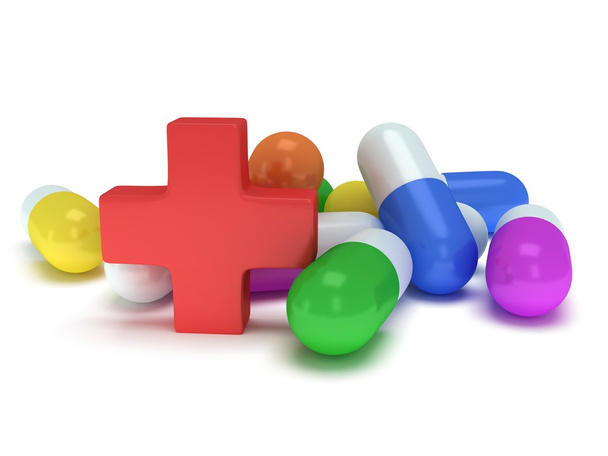 Medical cross and pale of pills 3d - Photo, Image