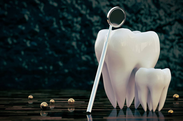 Espejo dental cerca de un diente. Concepto de cuidado dental y chequeo y tratamiento dental regular. ilustración 3d - Foto, Imagen