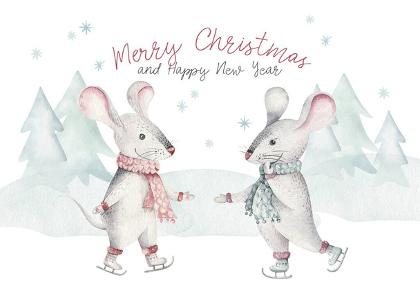 Cute cartoon christmas rat mouse christmas card. Watercolor hand drawn animal illustration. New Year 2020 holiday drawing - Valokuva, kuva