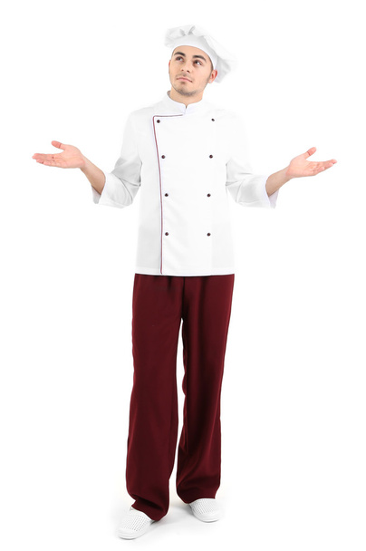 Professional chef in white uniform and hat, isolated on white - Zdjęcie, obraz