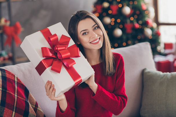 Photo of positive girl sit divan hold big gift box wear red pullover in house indoors with x-mas newyear advent ornament - 写真・画像