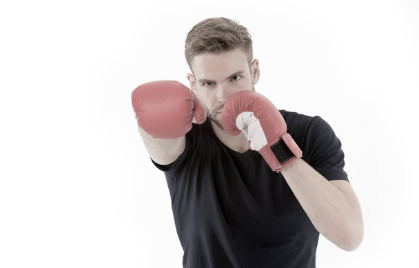 Man boxing isolated on white. Macho in red boxing gloves. Ready to fight. Confident sportsman. Energy and power, knockout. Fitness trainer at workout. Punching. Future aim and success. - Foto, immagini