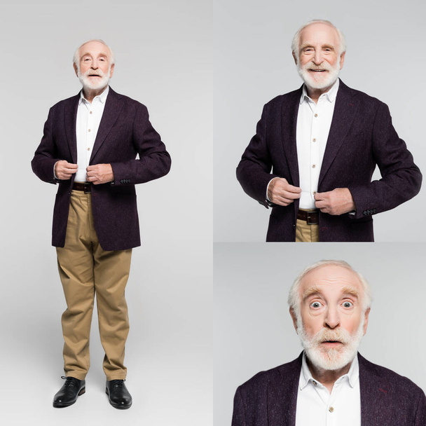 Collage of smiling and excited elderly man touching jacket on grey background - Foto, Imagen