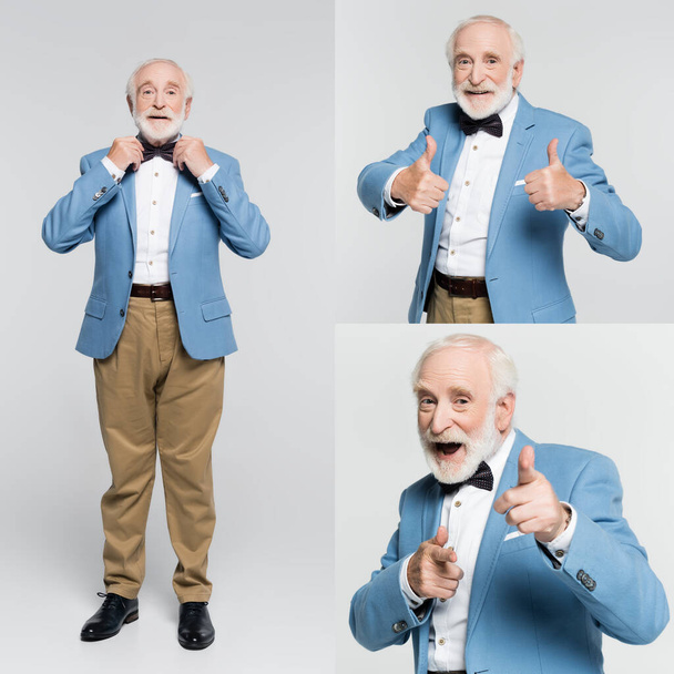 Collage van lachende senior man in jas en vlinderdas tonen als op grijze achtergrond - Foto, afbeelding