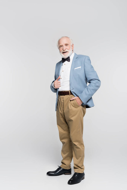 Smiling senior man in bow tie and blue jacket holding hand in pocket of pants on grey background  - Φωτογραφία, εικόνα