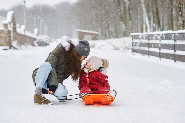 A young beautiful mom sledges her baby - Zdjęcie, obraz