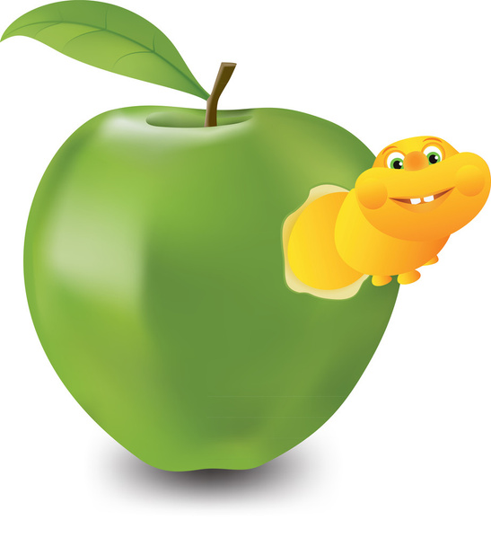 Сheerful worm looks out of an apple - Vector, Image