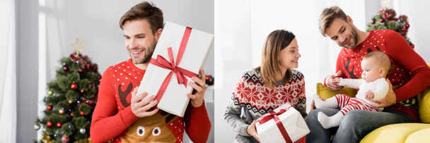 kollázs nő és boldog férfi gazdaság jelen és vidám szülők mosolygós mellett kisfiú karácsonykor  - Fotó, kép
