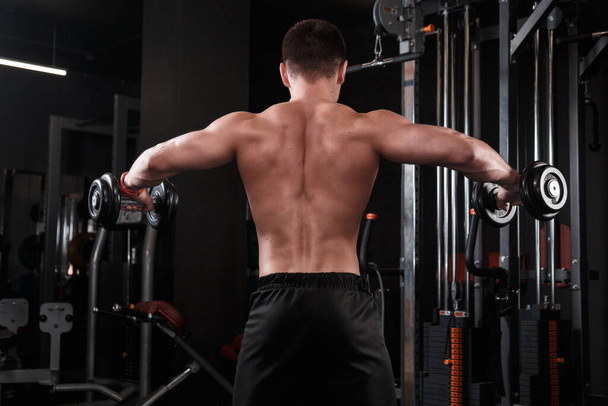 Athletic man lifts dumbbells in the gym, view from the back. - Fotoğraf, Görsel
