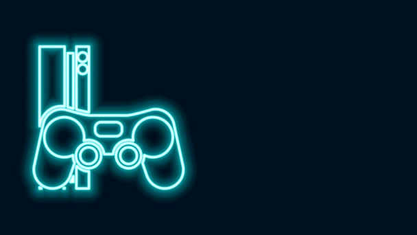 Gloeiende neon lijn Video spelcomputer met joystick icoon geïsoleerd op zwarte achtergrond. 4K Video motion grafische animatie - Video