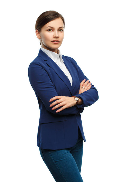 Business woman in a suit crossed her arms over her chest isolated on white background. - Fotó, kép