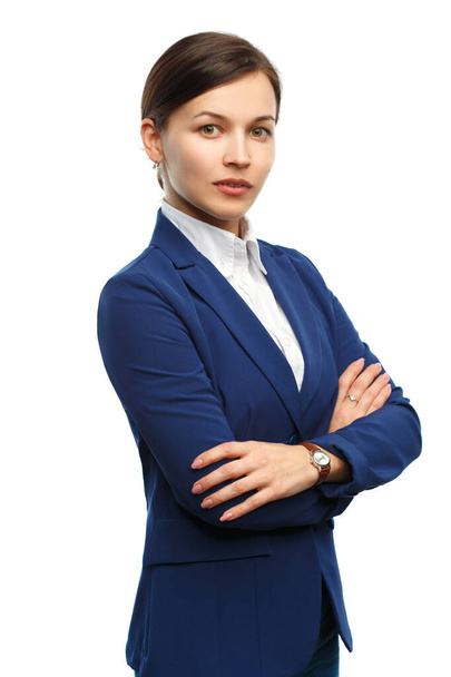 Business woman in a suit crossed her arms over her chest isolated on white background. - Fotó, kép