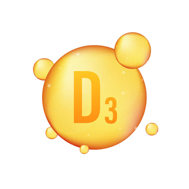 Витамин D 3 золотая сияющая икона. Аскорбиновая кислота. Векторная иллюстрация - Вектор,изображение