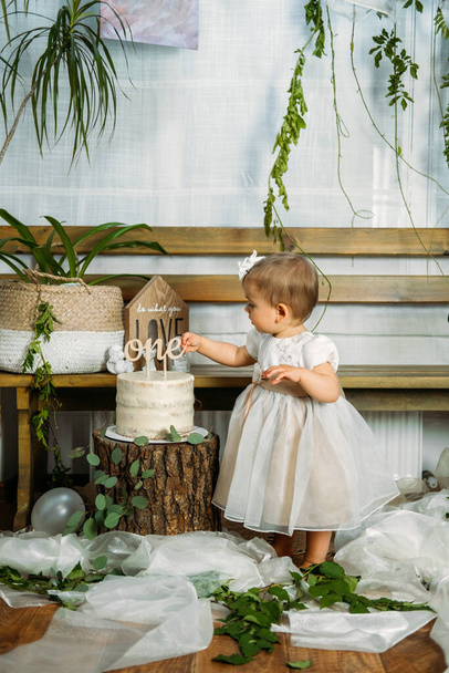 Eco Friendly Baby First Birthday Party with cake. 1st Birthday ideas with natural decoration. Sustainable eco-friendly birthday alternatives party for little girl - Фото, изображение
