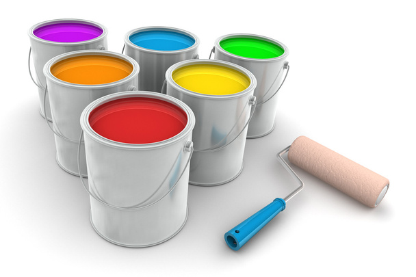 Seis latas de pintura y pincel de rodillo
 - Foto, Imagen