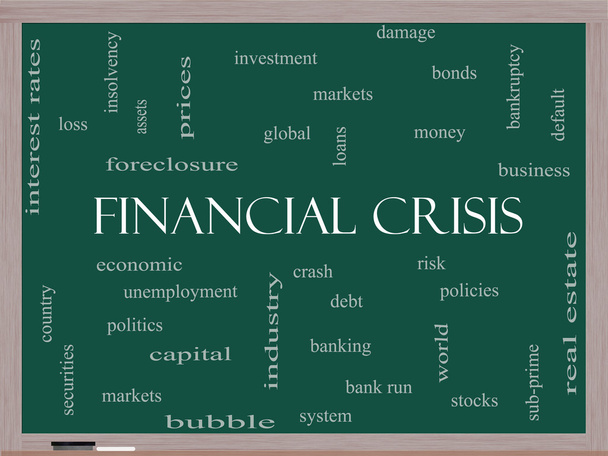 Finanzkrise Wort Wolke Konzept auf einer Tafel - Foto, Bild