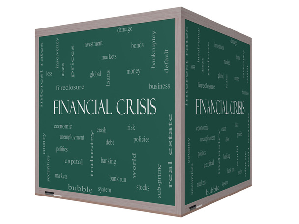 pénzügyi válság szó felhő fogalmát egy 3D kocka tábla - Fotó, kép
