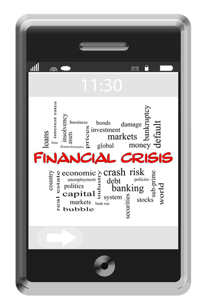 kryzys finansowy słowo chmura koncepcja na dotykowy telefon - Zdjęcie, obraz