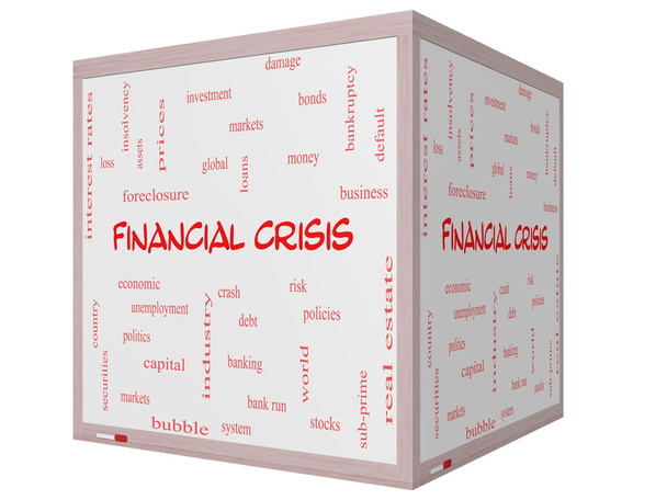 pénzügyi válság szó felhő fogalmát a 3d kocka faliújság - Fotó, kép