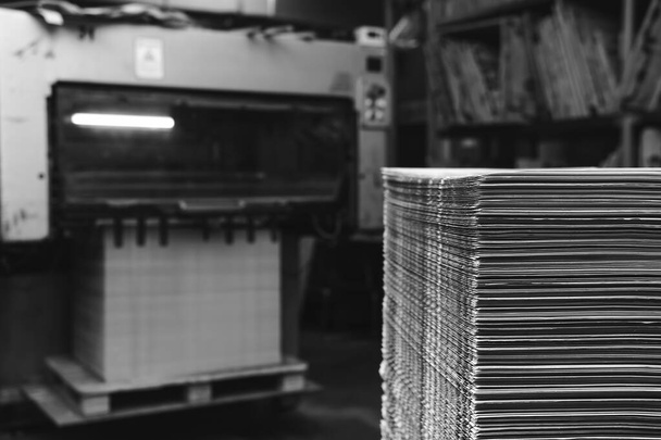 Products and corrugated cardboard. Factory for the manufacture and processing of paper. Black and white. Selective focus. Capacities and packaging. Large format printing. Industrial Printer - Photo, Image