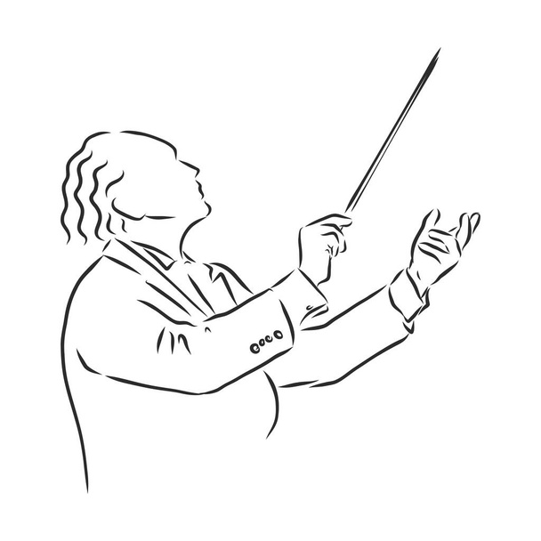Illustrazione vettoriale dell'incisione del conduttore orchestrale. Imitazione in stile gratta e vinci. Immagine disegnata a mano in bianco e nero. - Vettoriali, immagini