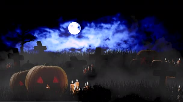 Halloween háttér sütőtök gyertyákkal és sírkövekkel az éjszakai égbolt ellen - Felvétel, videó