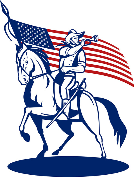 Amerikkalainen ratsuväki sotilas ratsastus hevonen torvi ja lippu
 - Valokuva, kuva