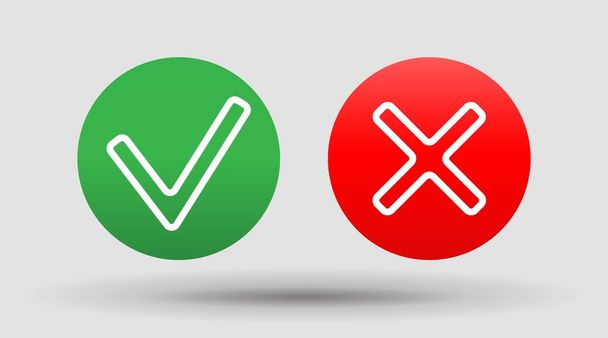 Verificar Icono correcto marcas incorrectas y cruces rojas signos conjunto de botones de marcas de vectores planos verde .vector ilustración - Vector, Imagen