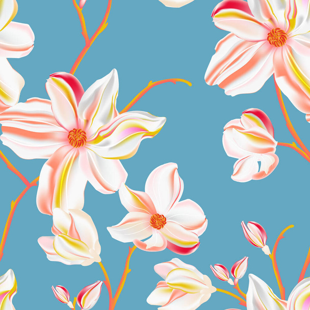 Magnolia blue vector seamless pattern. Repetition floral print, plant design. Perfect for wrapping paper, backgrounds, headers, banners, cloth , fabrics, digital paper - Vetor, Imagem