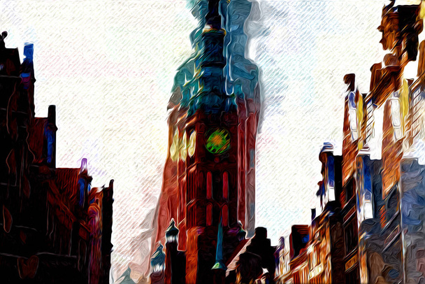 Watercolor sketch or illustration of a beautiful view of the architecture of the city of Gdansk in Poland - Photo, Image