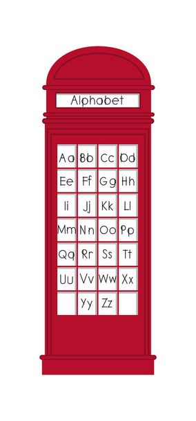 Angielski alfabet do nauczania dzieci. Londyńska budka telefoniczna. Czerwona kabina, angielska budka telefoniczna. Do wnętrza klasy angielskiej. Płaska ilustracja wektor izolowane na białym tle - Wektor, obraz
