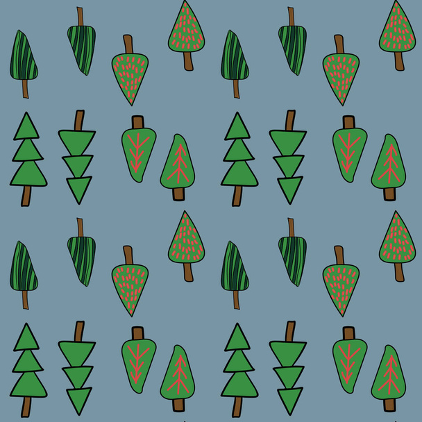 Karácsonyi ünnepi sablon. Piros, zöld karácsonyfák, minta Erdő háttér - Vektor, kép