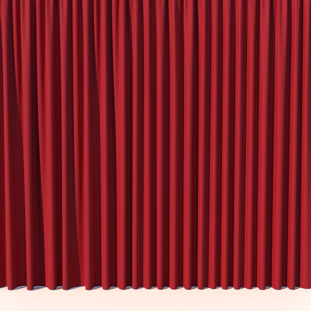 Red stage curtain. Luxury silk velvet drapery. Realistic closed theatrical cinema curtain. Waiting for the show, revealing new product, marketing concept. 3D illustration - 写真・画像