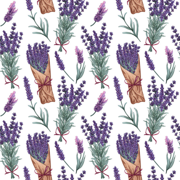 Aquarell Lavendel nahtloses Muster. Handgezeichneter floraler Hintergrund. - Foto, Bild