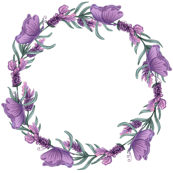 Lavender flowers frame. Watercolor hand drawn background. lavender illustration - Φωτογραφία, εικόνα