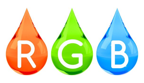 RGB color scheme set. Red, green, blue drops set isolated on white. Graphic design element for poster, flyer, digital display manual, study books. 3D illustration - Fotó, kép