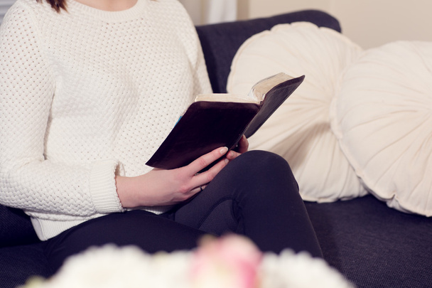 Chica leer la Biblia en casa
 - Foto, Imagen