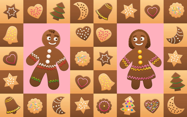 Kerstkoekjes met peperkoek man en vrouw in liefde - koekjes en symbolen, typische vormen zoals kerstbomen, harten, sterren, manen, klokken. Achtergrond vectorillustratie. - Vector, afbeelding
