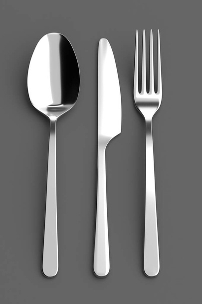 Fork, spoon and knife. Photo realistic 3D illustration. Cutlery, kitchen silverware. For use in menu, restaurant printables, web site. - Photo, Image