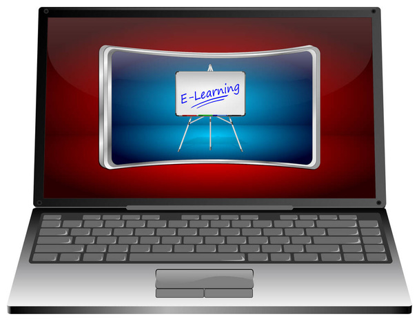 Ordenador portátil con botón azul de aprendizaje electrónico en el escritorio rojo - Ilustración 3D - Foto, Imagen