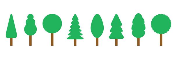 Set di icone verdi sugli alberi. Albero in stile piatto illustrazione vettoriale. Silhouette delle piante forestali. Isolato su bianco. - Vettoriali, immagini