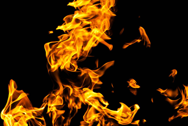 Fire flames on black background isolated. Burning gas or gasoline burns with fire and flames. Flaming burning sparks close-up, fire patterns. Infernal glow of fire in the dark with copy-space - Photo, Image