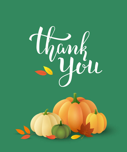 Calligraphic card design with hand-drawn lettering "Thank you" and pumpkins on a green background. - Vector illustration - ベクター画像