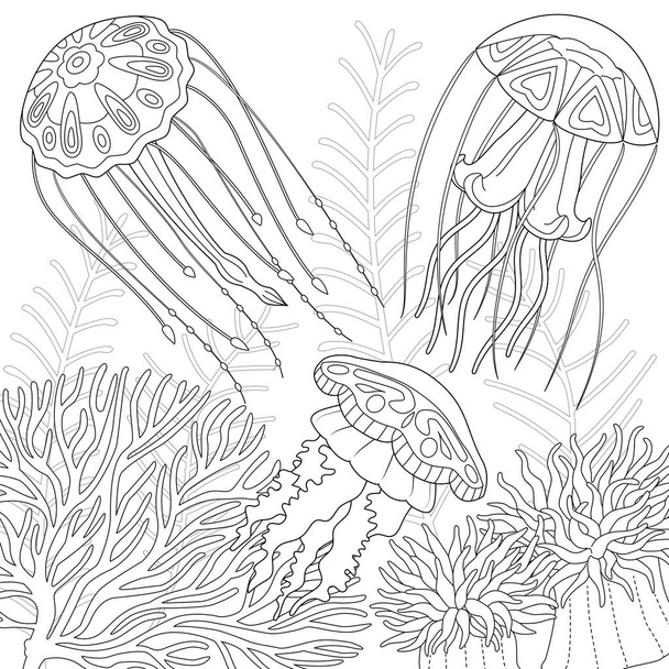 Három medúza fekete-fehér vektor illusztráció - Vektor, kép