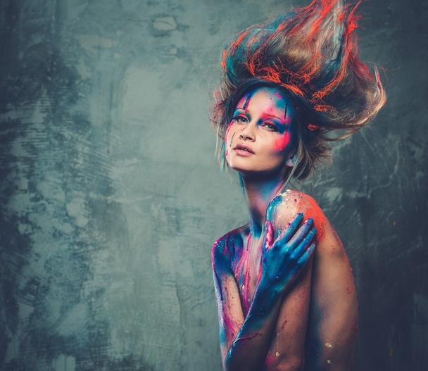 Young woman muse with creative body art and hairdo  - Valokuva, kuva