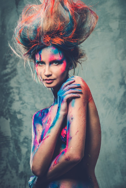 Young woman muse with creative body art and hairdo  - Photo, Image